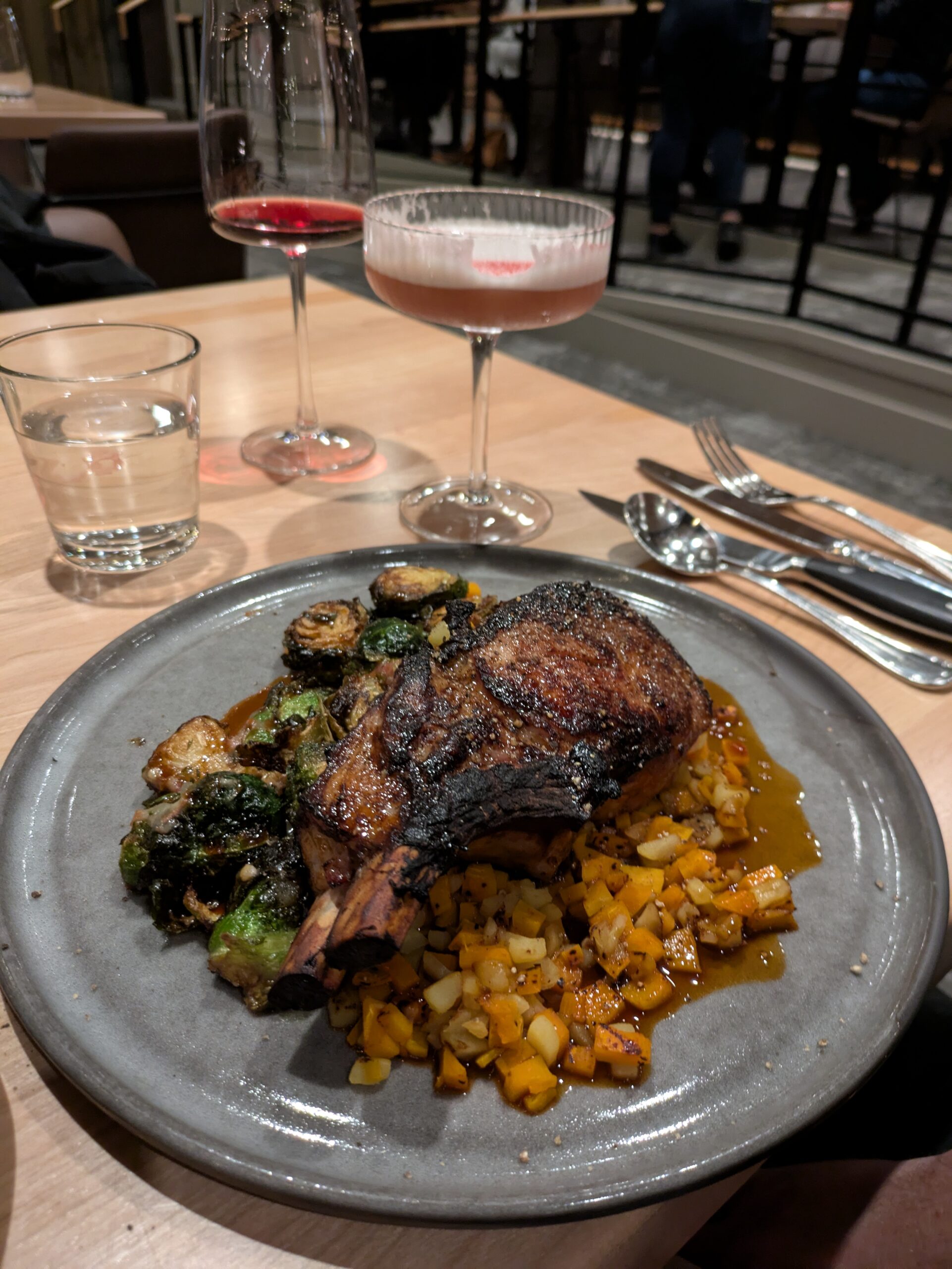 Double cut cider-brined pork chop from Sweet Waters in the River at Valley River Inn in Eugene, Oregon. 